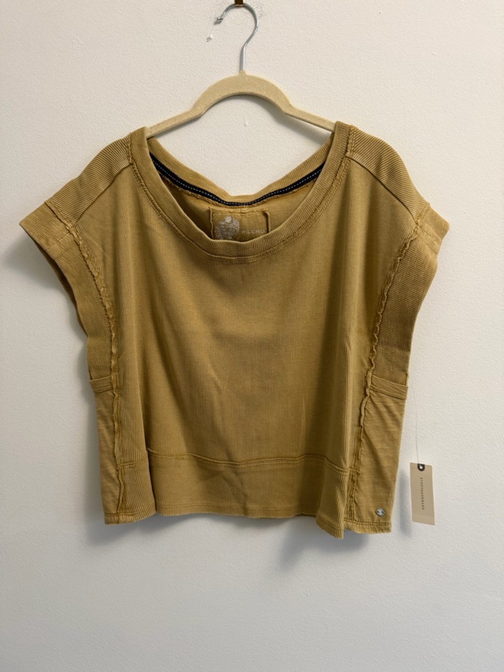 Anthropologie Pilcro Cutoff Sweatshirt Boxy Tee Shirt NWT - Mustard Moss